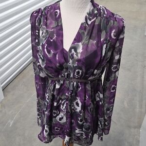 Avon Purple Gray Floral Long-Sleeve Blouse